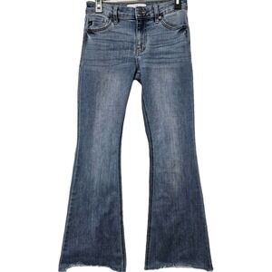 KanCan Jeans Women 3/25 Blue Flare Mid Rise Raw Hem Stretch Denim Y2K Bohemian